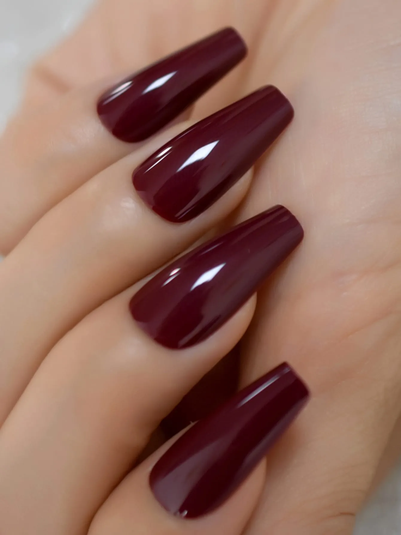 24pcs Long Coffin Dark Burgundy Glossy Solid Fake Nail False Nails Press On