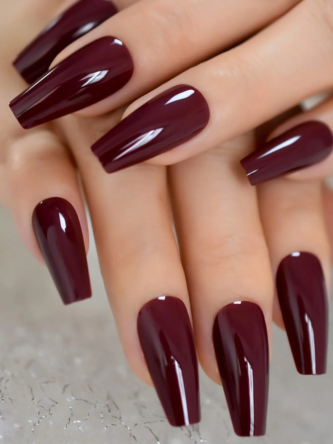 24pcs Long Coffin Dark Burgundy Glossy Solid Fake Nail False Nails Press On