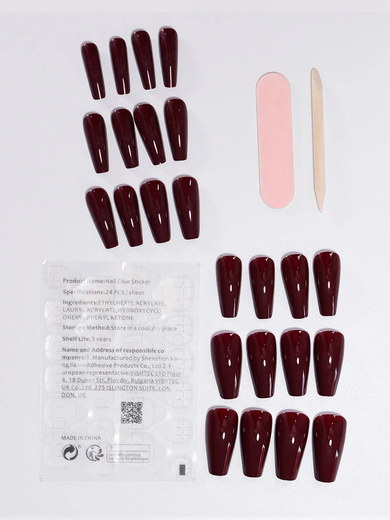 24pcs Long Coffin Dark Burgundy Glossy Solid Fake Nail False Nails Press On