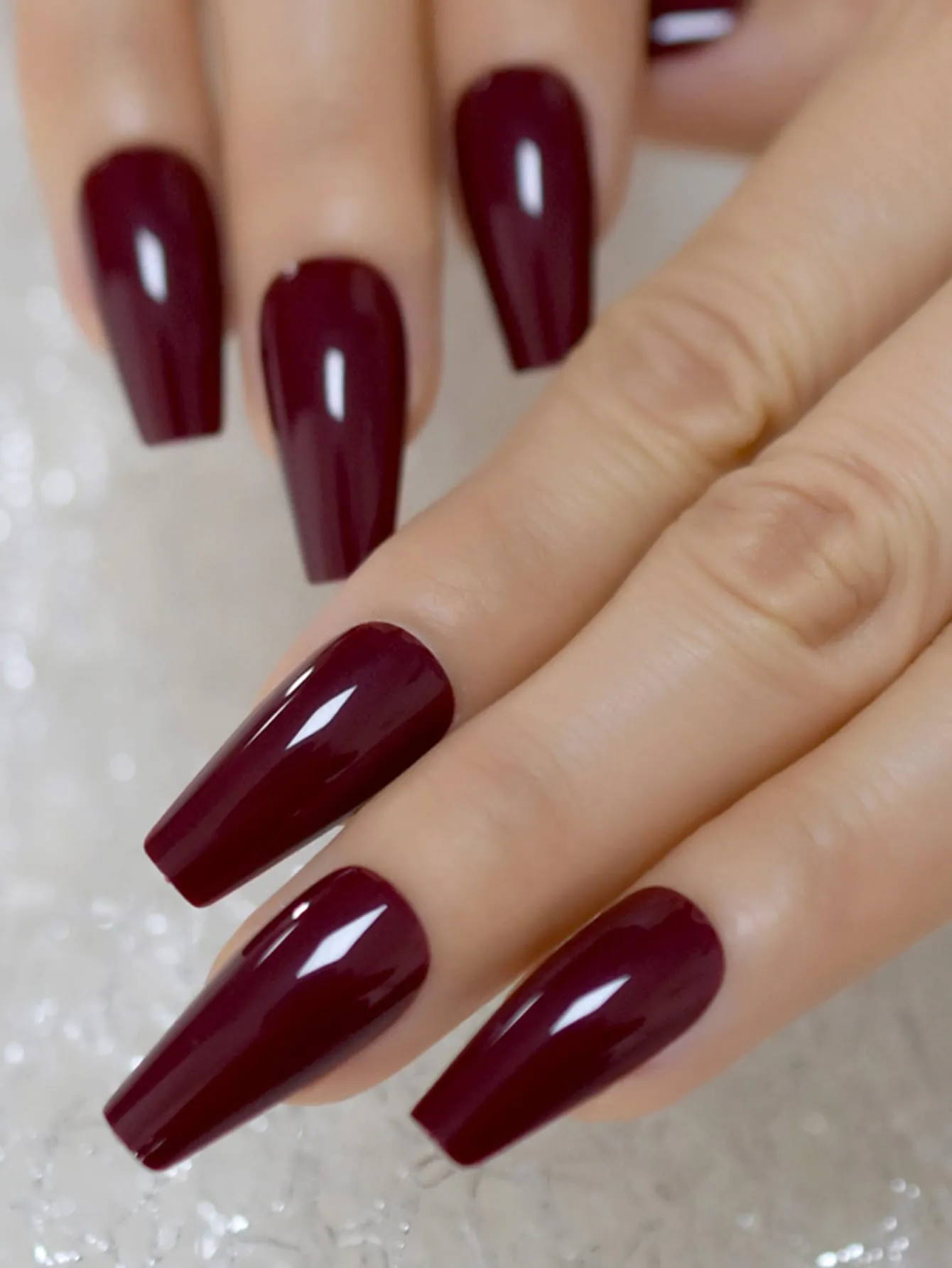 24pcs Long Coffin Dark Burgundy Glossy Solid Fake Nail False Nails Press On