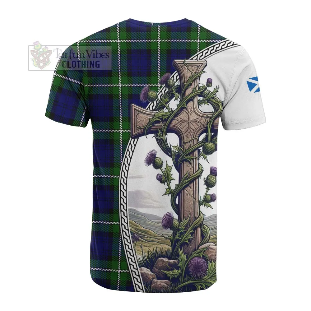 Bannerman Tartan Cotton T-shirt with Family Crest and St. Andrew's Cross Accented by Thistle Vines