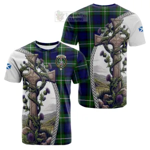 Bannerman Tartan Cotton T-shirt with Family Crest and St. Andrew's Cross Accented by Thistle Vines