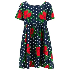 Empire Line Tea Dress - Polka Dot Roses Navy