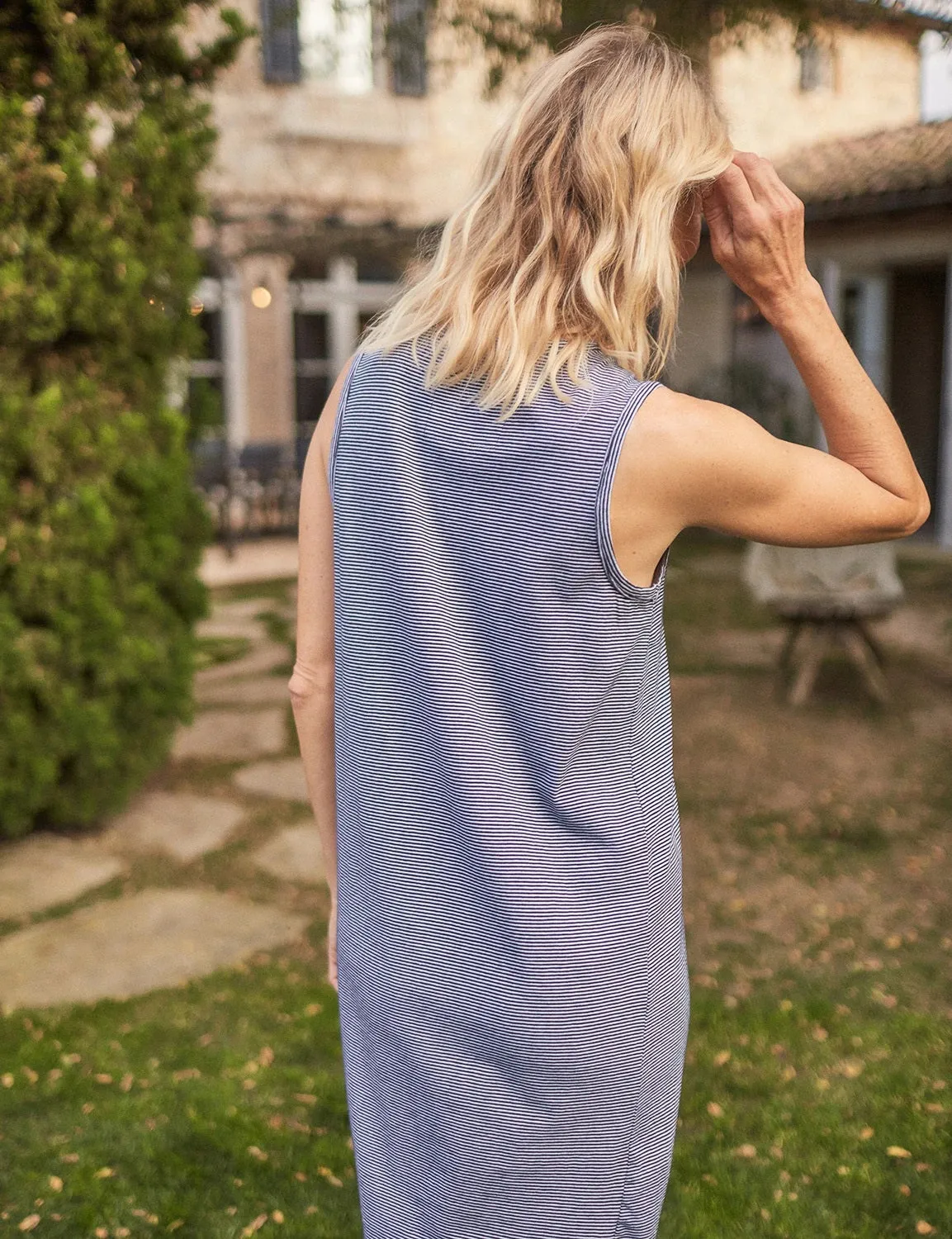 Frank & Eileen - Relaxed Asymmetric Tank Dress in Navy w/ Fine White Stripe