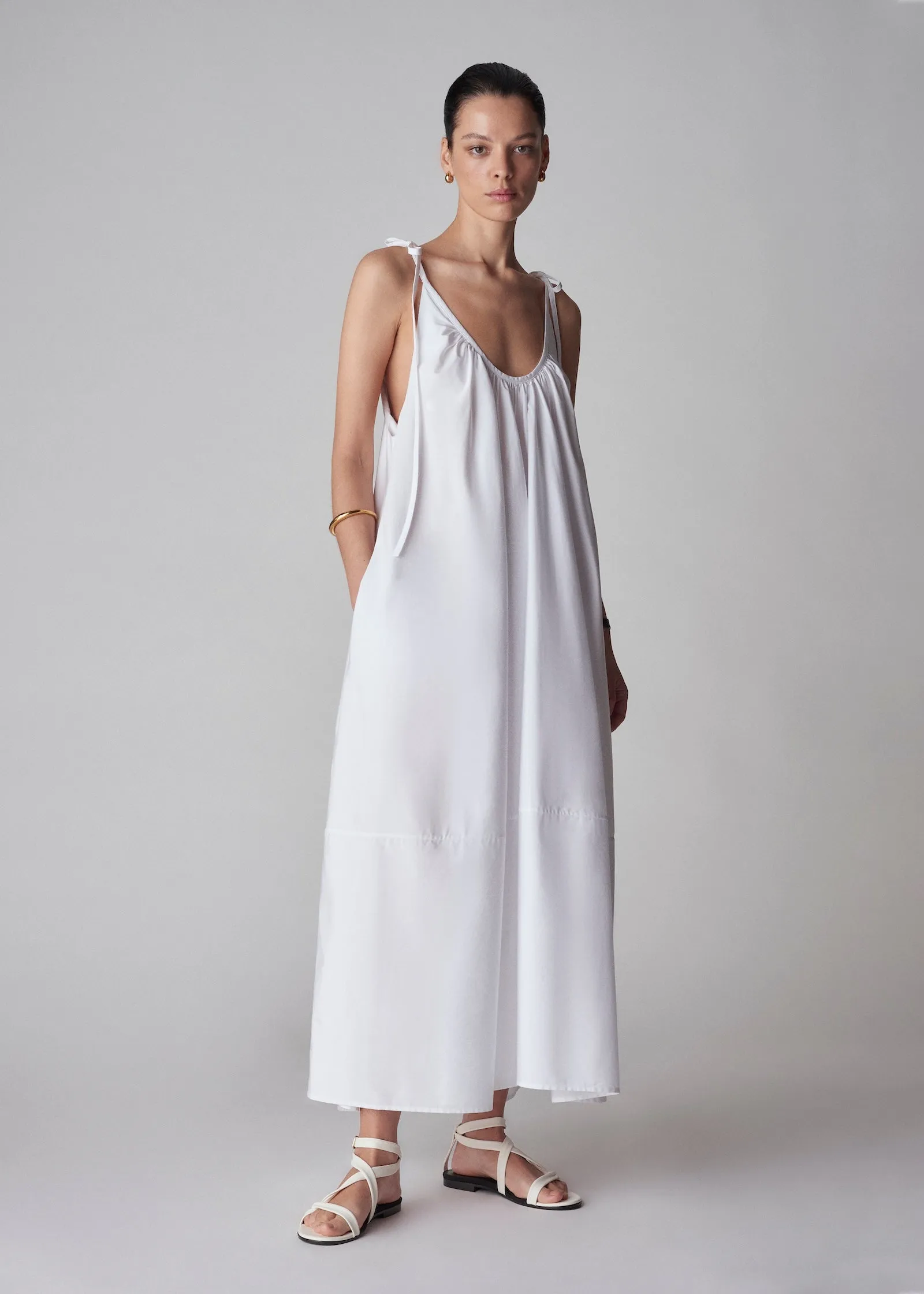 Gathered Halter Dress in Cotton Poplin - White