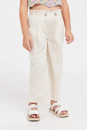 Girls Beige Cotton Wide Leg Trouser