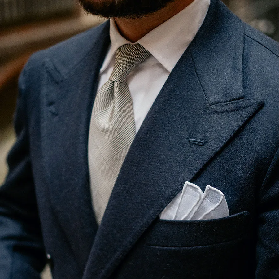 Glencheck Woven Silk Tie - Navy / White - Hand-Rolled