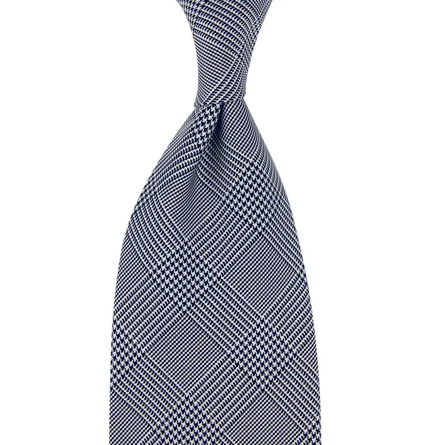 Glencheck Woven Silk Tie - Navy / White - Hand-Rolled