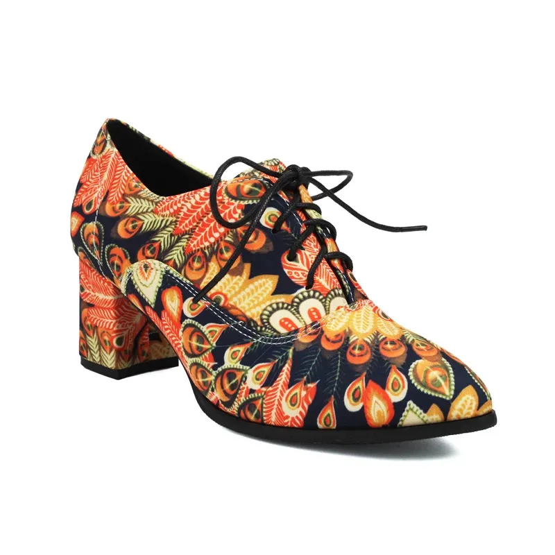 KIylethomasw Bohemian Style Printed Fabric Lace Up High Heeled Shoes Womens Round Toe Cross Tied Spring Autumn New Pumps Casual Oxfords 35-48