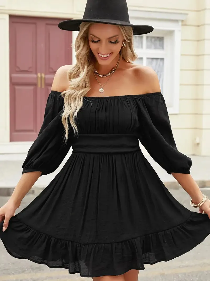 Lantern Sleeves Square Neck Ruffle Back Summer Dress