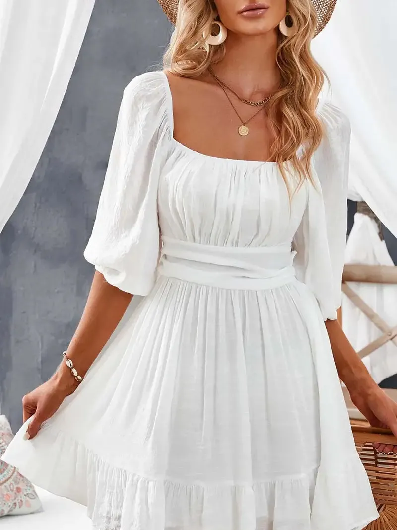 Lantern Sleeves Square Neck Ruffle Back Summer Dress