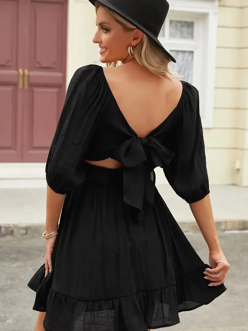 Lantern Sleeves Square Neck Ruffle Back Summer Dress