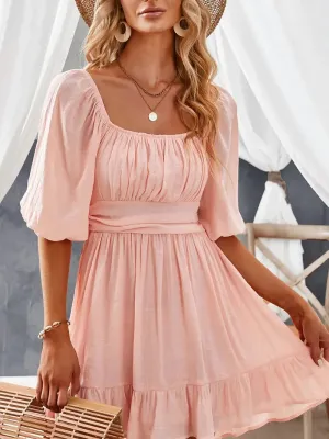 Lantern Sleeves Square Neck Ruffle Back Summer Dress