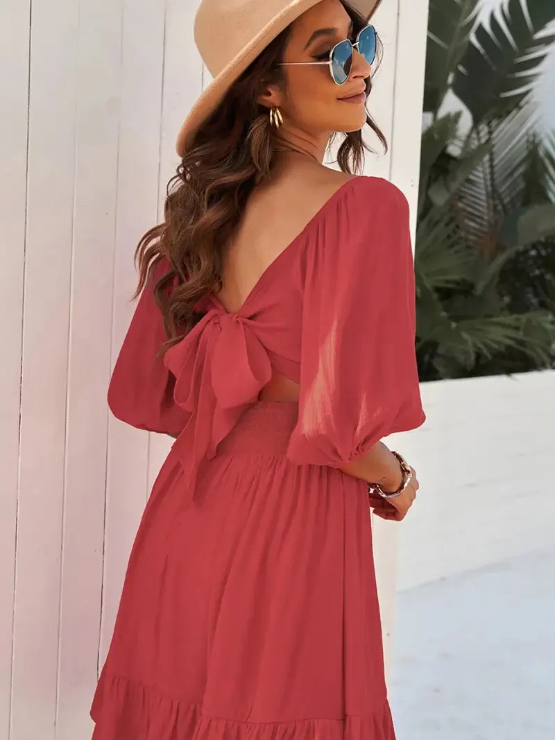 Lantern Sleeves Square Neck Ruffle Back Summer Dress