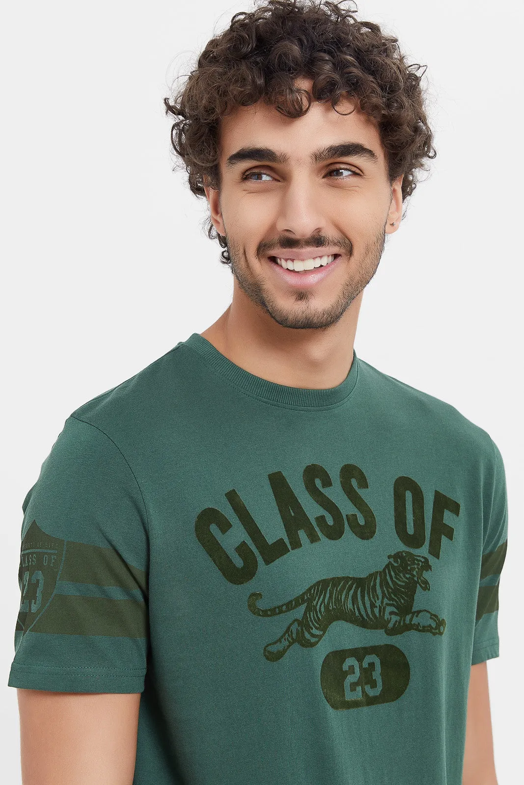 Men Green Printed Varsity T-Shirt