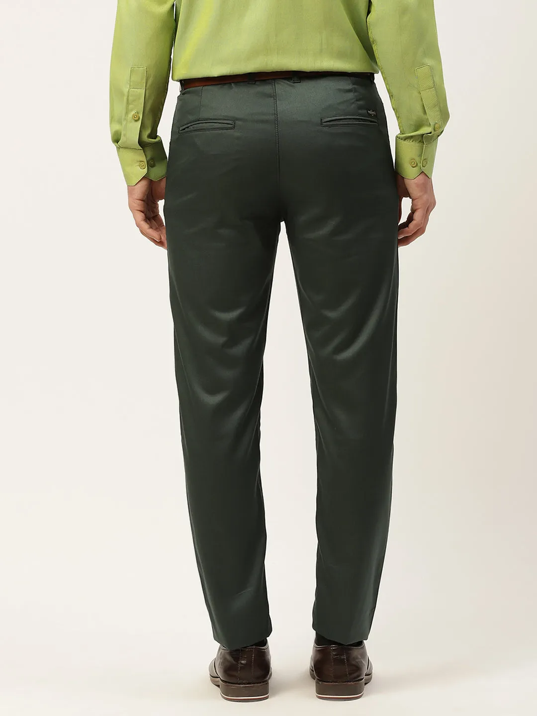 Men's Cotton Blend Bottle Green Solid Formal Trousers - Sojanya