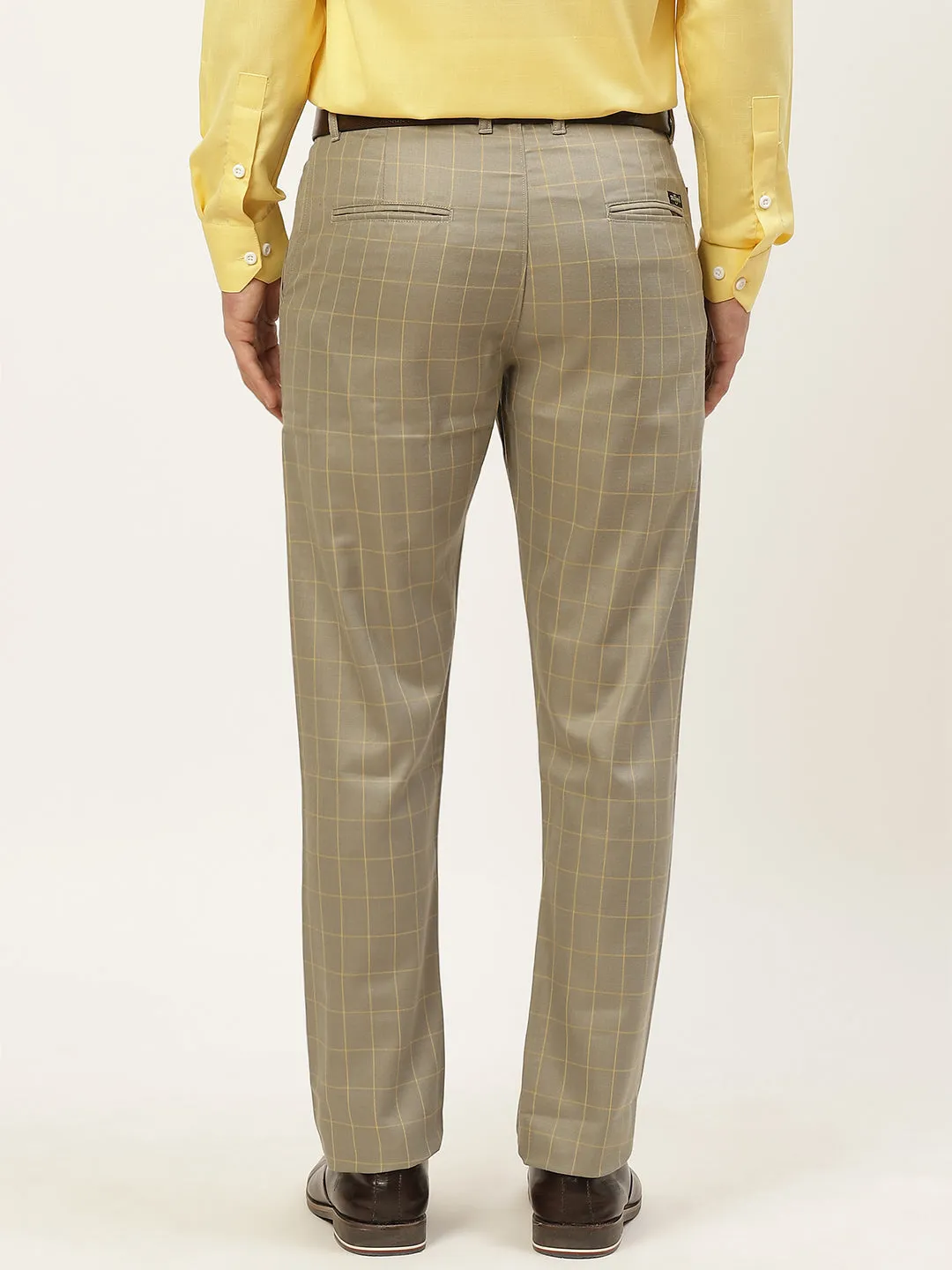 Men's Cotton Blend Pista Green & Yellow Checked Formal Trousers - Sojanya