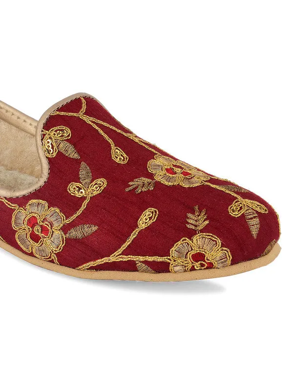 Men's Indian Ethnic Party Wear Embroidered Maroon Footwear - Desi Colour