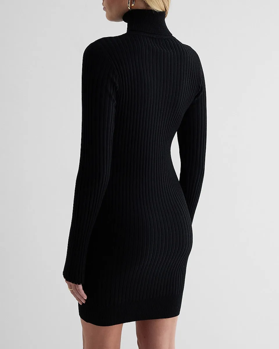 Ribbed Turtleneck Long Sleeve Mini Sweater Dress in Pitch Black