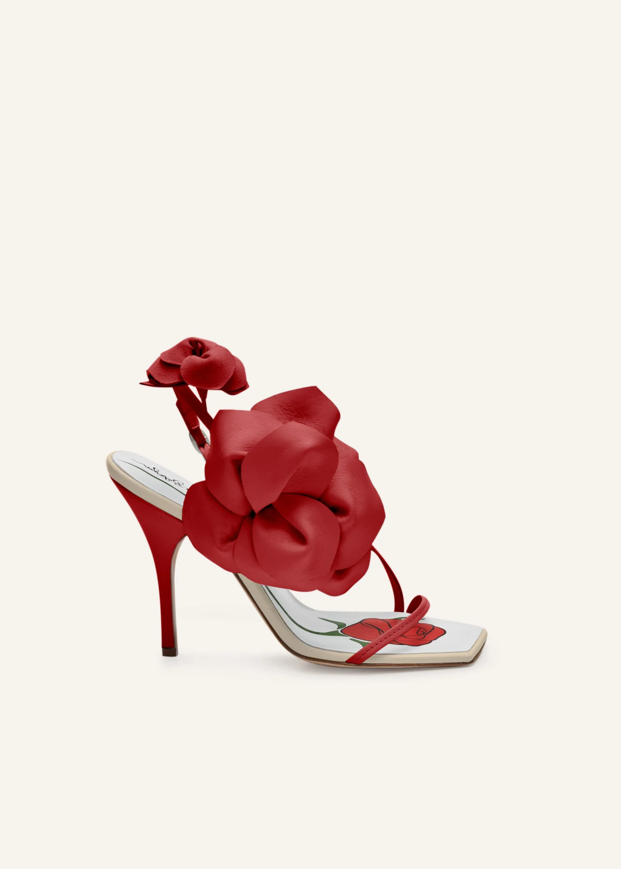 Rose appliqué leather sandals in cream and red