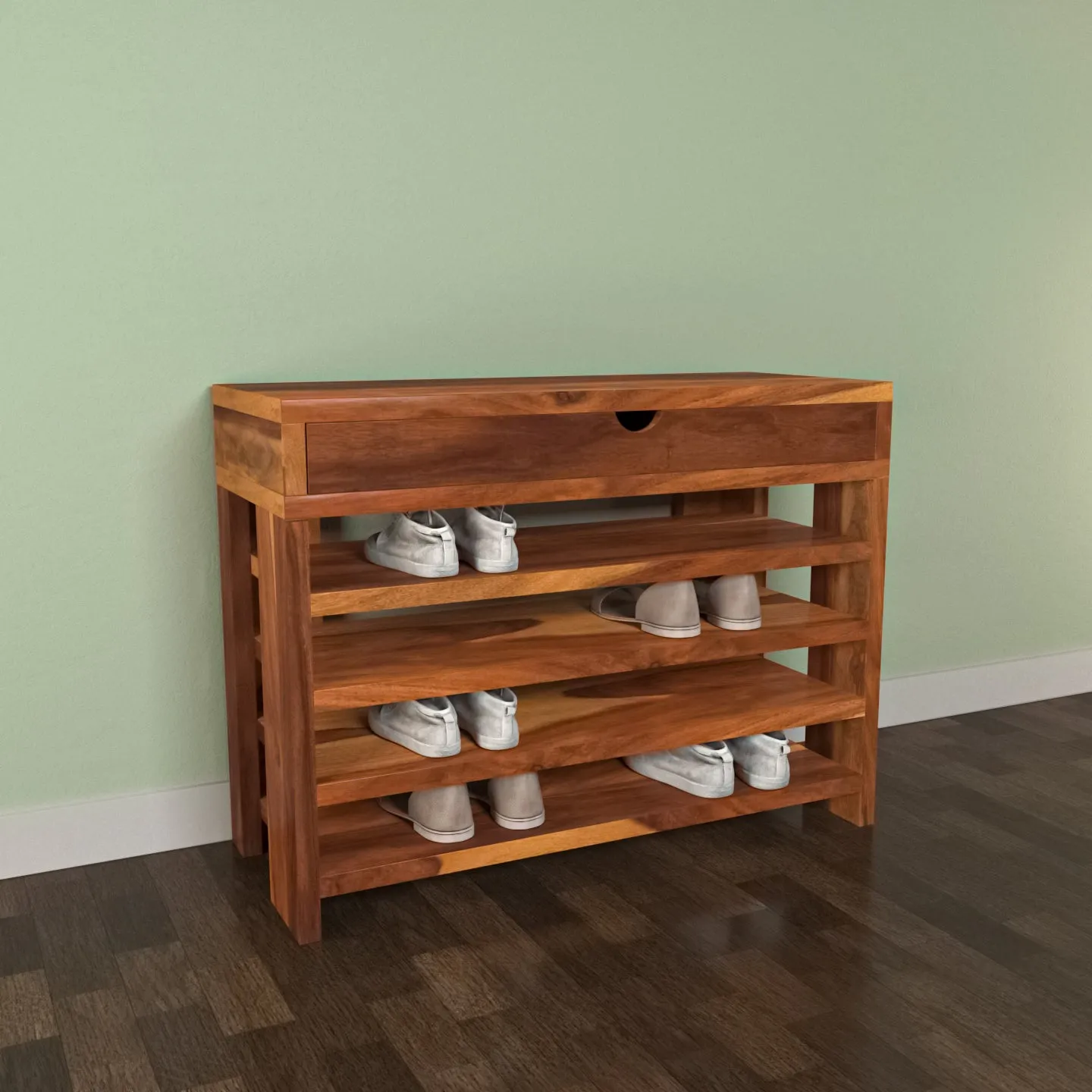 Sheesham wood 4 row with single long drawer shoe rack