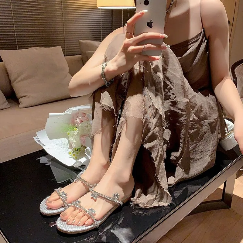 Strappy Rhinestone Embellished Genuine Leather Slim Heels Sandals