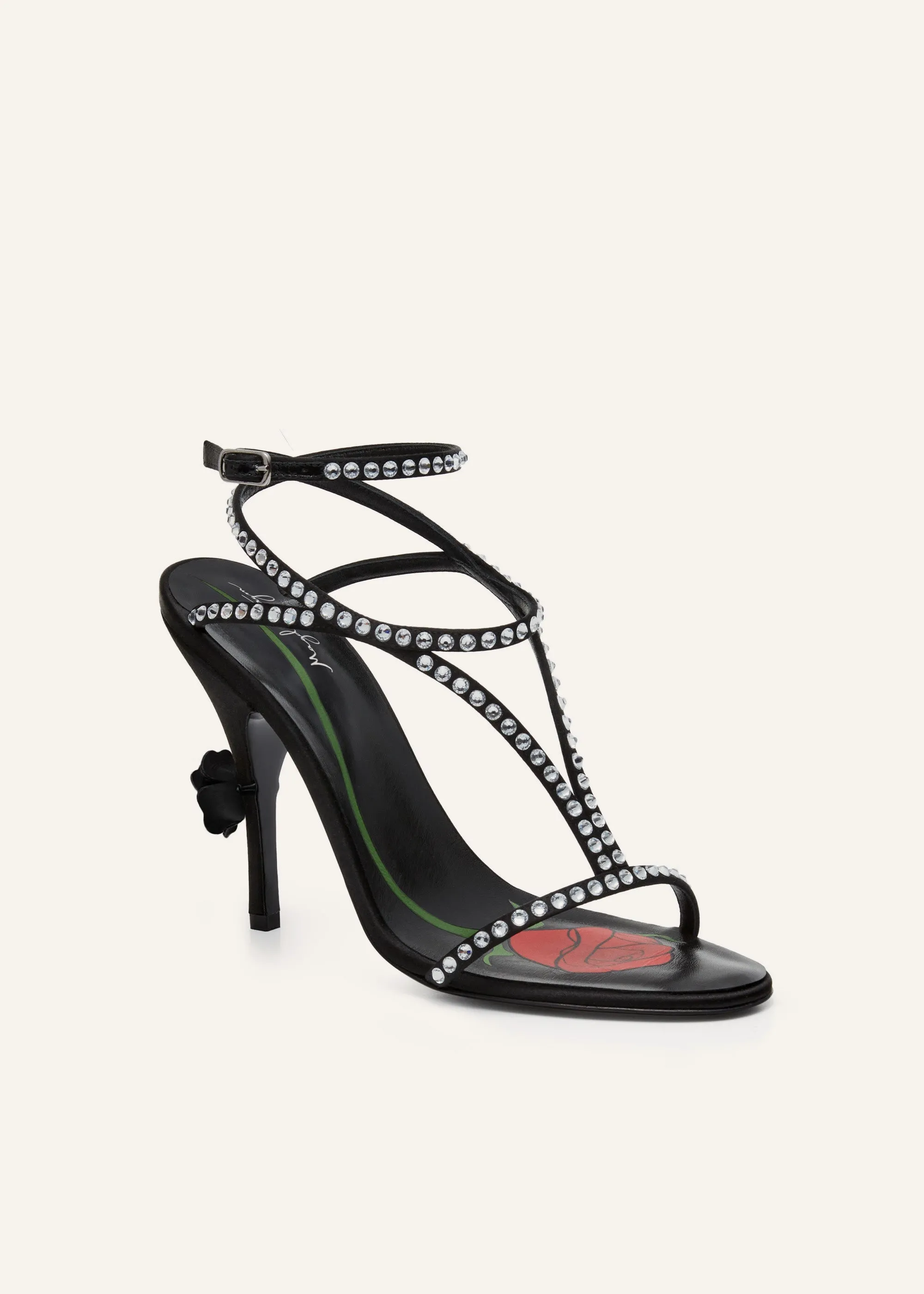 Strappy sandal heels in black crystals