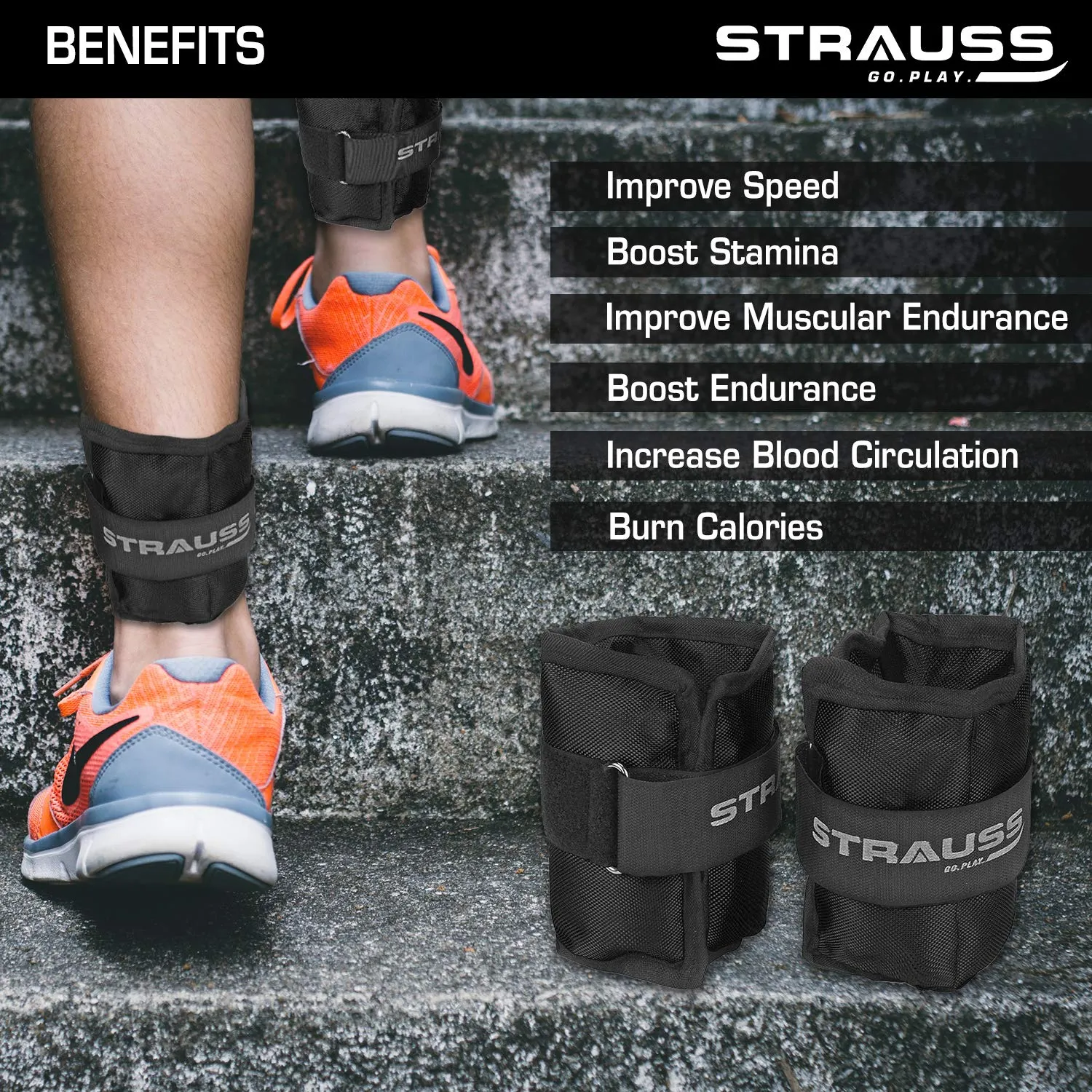 Strauss Adjustable Ankle/Wrist Weights 0.5 KG X 2 | Ideal for Walking, Running, Jogging, Cycling, Gym, Workout & Strength Training | Easy to Use on Ankle, Wrist, Leg, (Black)