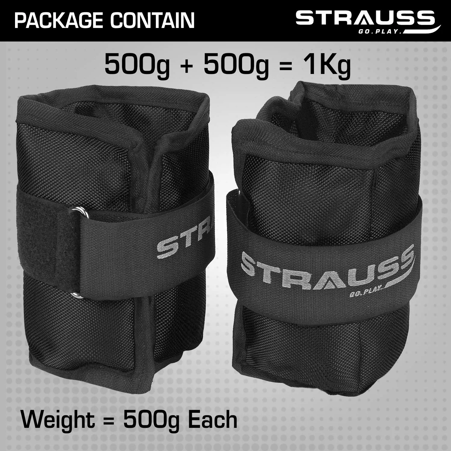 Strauss Adjustable Ankle/Wrist Weights 0.5 KG X 2 | Ideal for Walking, Running, Jogging, Cycling, Gym, Workout & Strength Training | Easy to Use on Ankle, Wrist, Leg, (Black)