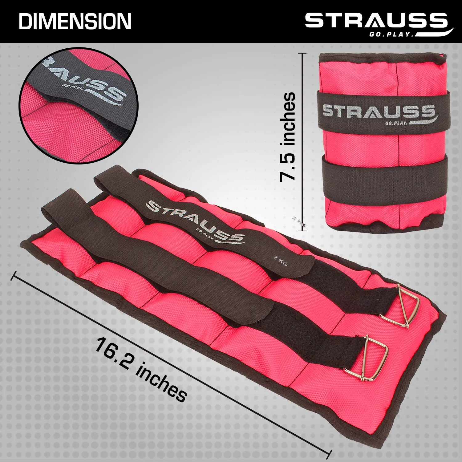 Strauss Adjustable Ankle/Wrist Weights 2 KG X 2 | Ideal for Walking, Running, Jogging, Cycling, Gym, Workout & Strength Training | Easy to Use on Ankle, Wrist, Leg, (Pink)