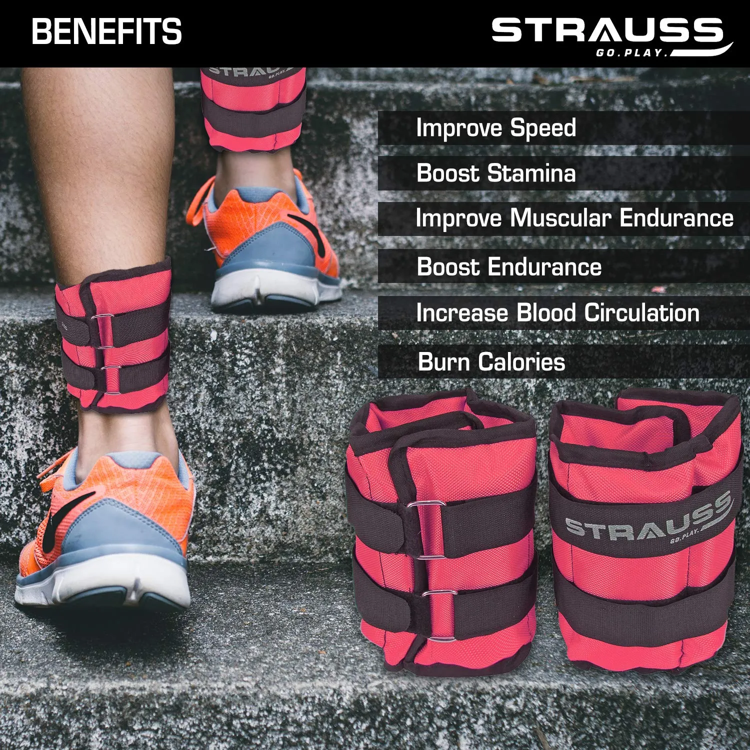 Strauss Adjustable Ankle/Wrist Weights 2 KG X 2 | Ideal for Walking, Running, Jogging, Cycling, Gym, Workout & Strength Training | Easy to Use on Ankle, Wrist, Leg, (Pink)