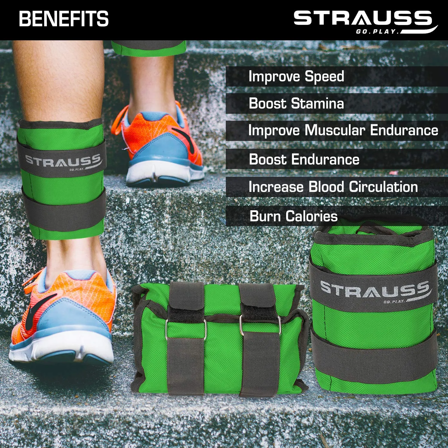 Strauss Adjustable Ankle/Wrist Weights 5 KG X 2 | Ideal for Walking, Running, Jogging, Cycling, Gym, Workout & Strength Training | Easy to Use on Ankle, Wrist, Leg, (Green)