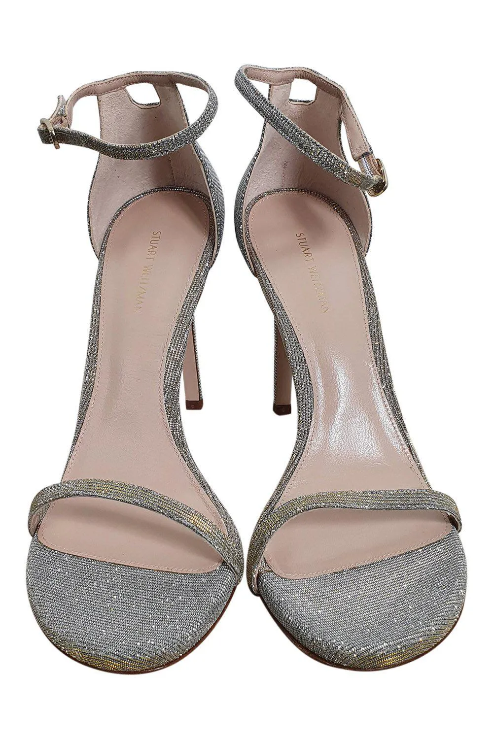 STUART WEITZMAN Nudistsong Magnesium Nocturn Textured Lamé Sandals (40.5)