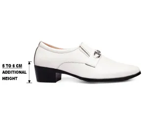 Stylish White Faux Leather Height Increasing Formal Slip-On Shoes on Cuban Sole