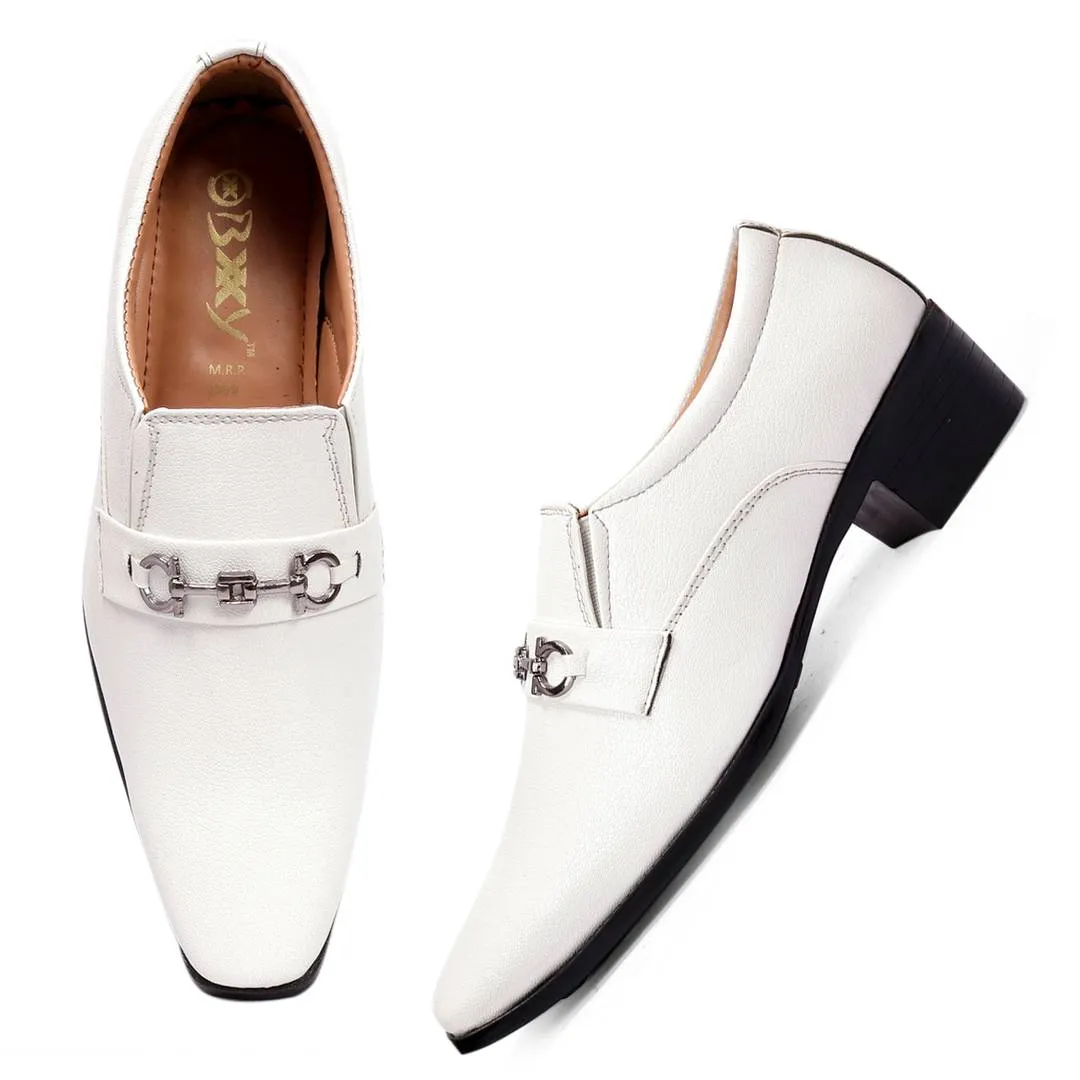 Stylish White Faux Leather Height Increasing Formal Slip-On Shoes on Cuban Sole