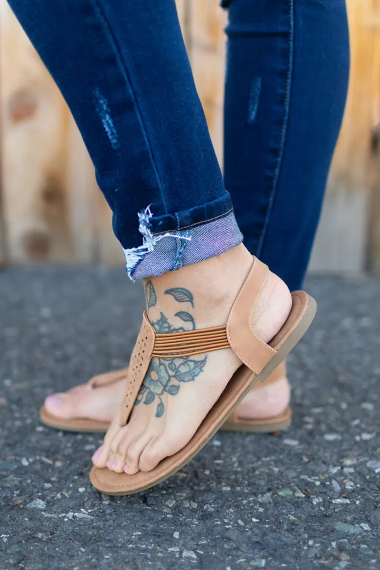 Tan Laser Cut Thong Sandals (5.5-10)