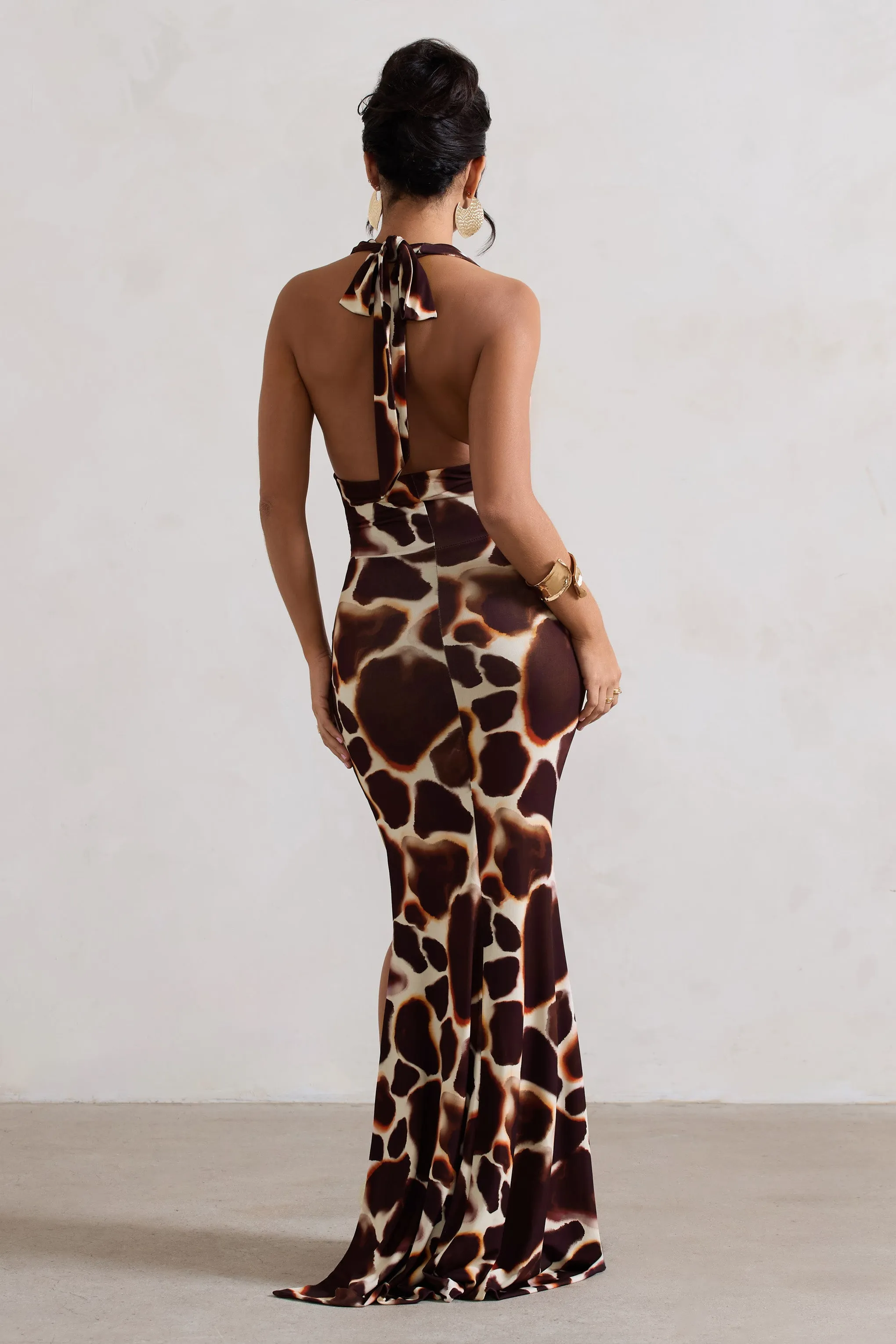 Tulum | Giraffe Print Cowl-Neck Gathered Split Maxi Dress