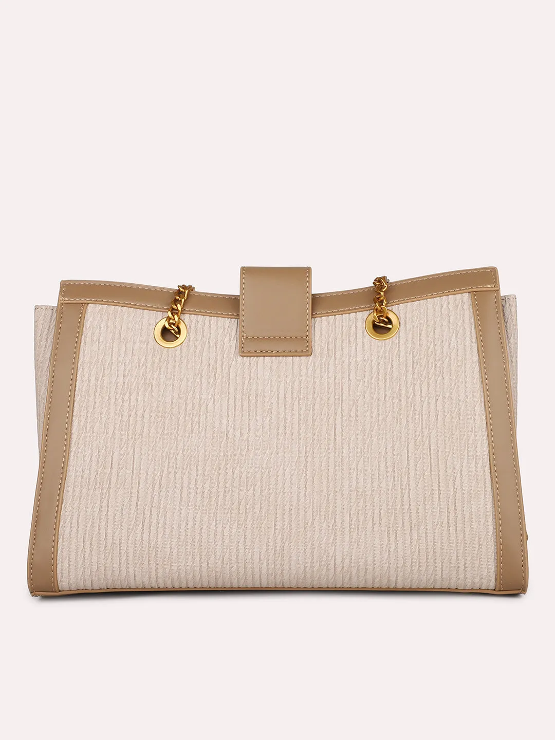 Women Beige Textured Canvas Structured Shoulder Bag With Lock detail